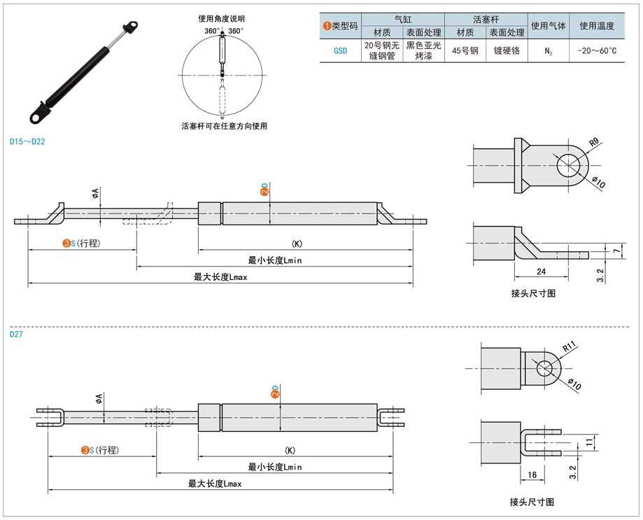 万向安装型氮气弹簧怎么安装